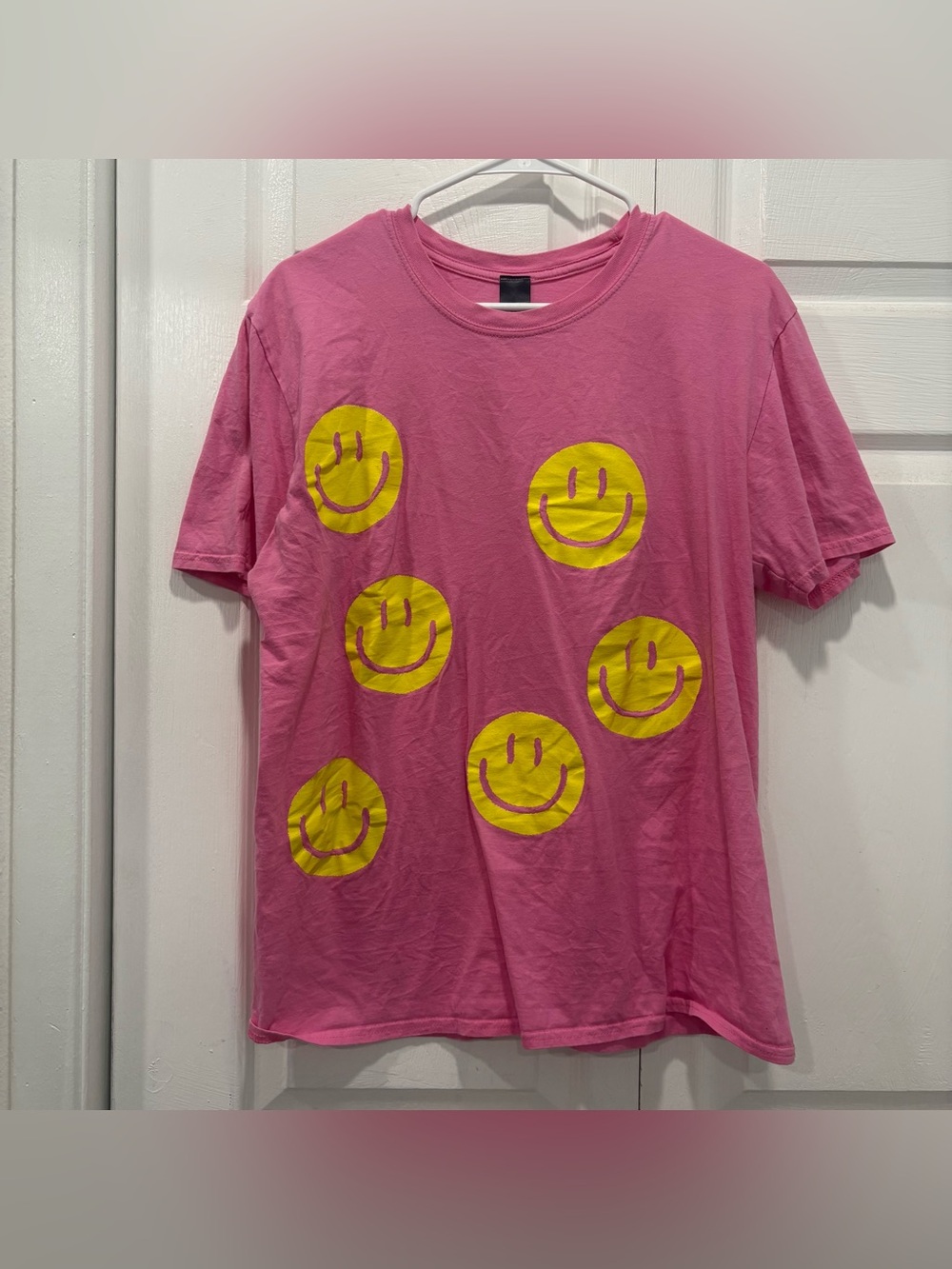 Pink Short Sleeve T-Shirt with Yellow Smiley Faces - Size Medium